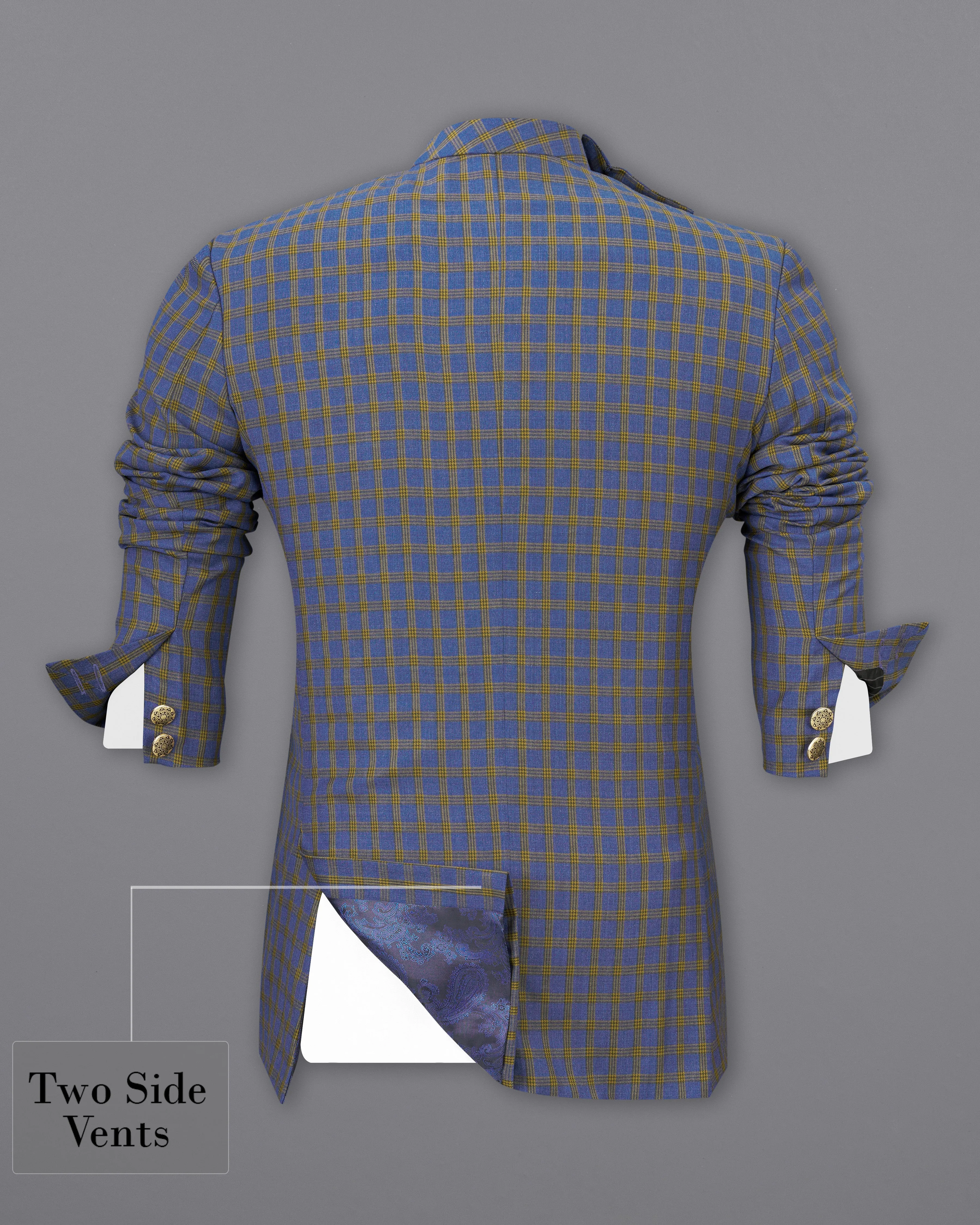 Twilight Blue with Alpine Brown Plaid Cross Buttoned Bandhgala Blazer