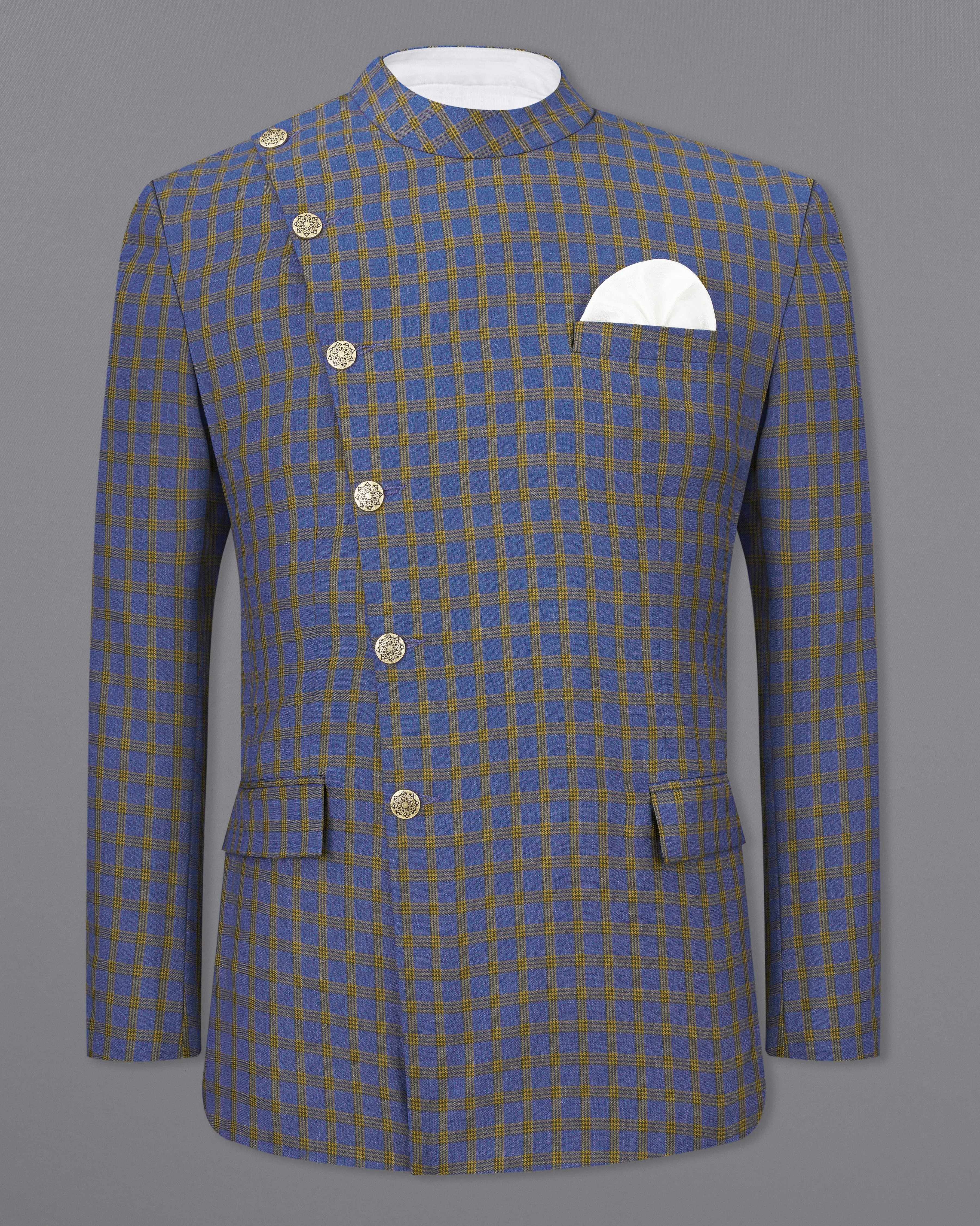 Twilight Blue with Alpine Brown Plaid Cross Buttoned Bandhgala Blazer