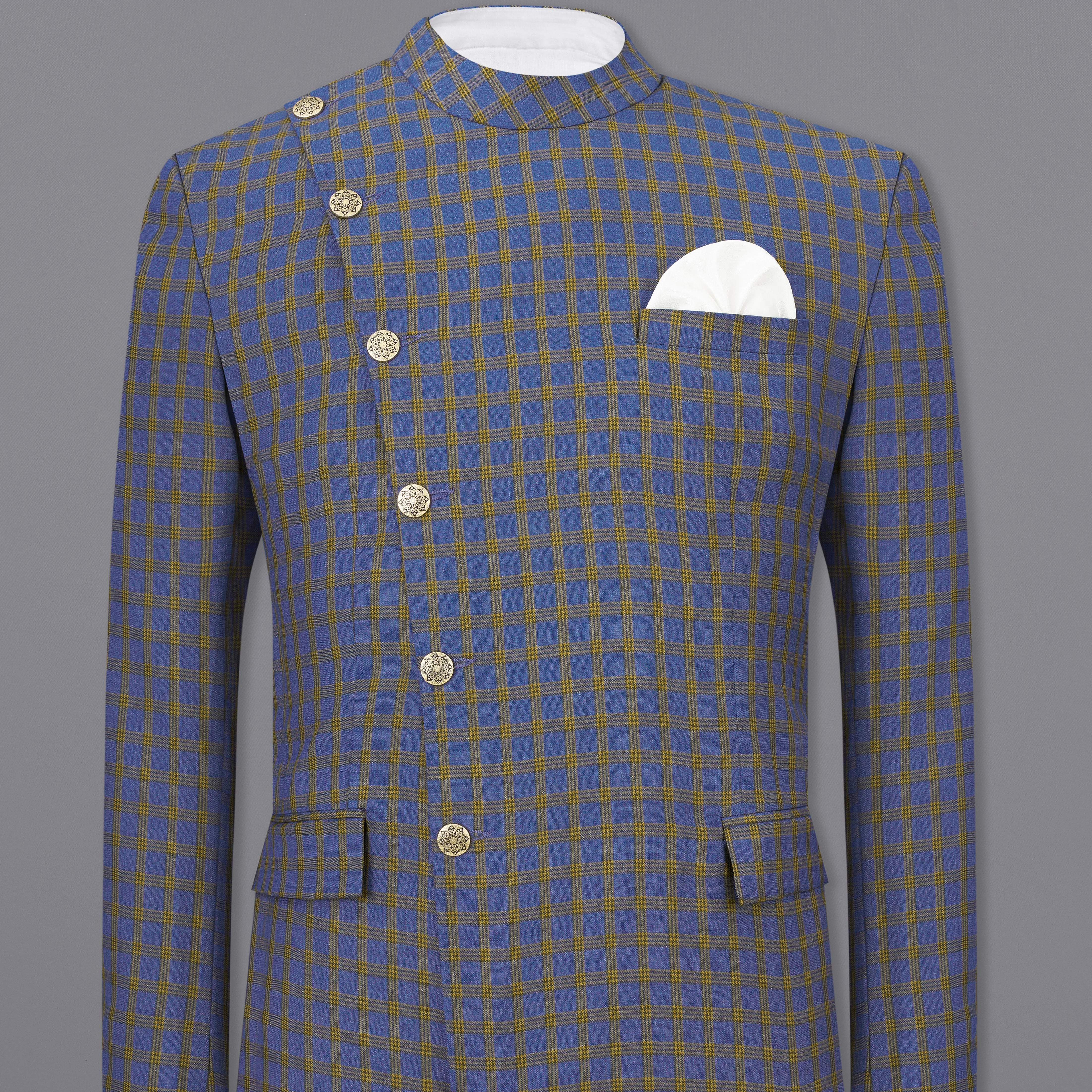Twilight Blue with Alpine Brown Plaid Cross Buttoned Bandhgala Blazer