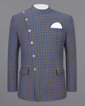 Twilight Blue with Alpine Brown Plaid Cross Buttoned Bandhgala Blazer