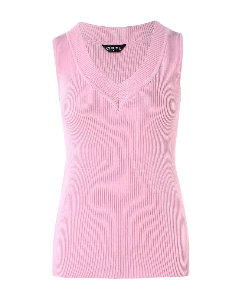 V Neck Sleeveless Ribbed Basics Knit Tank Top