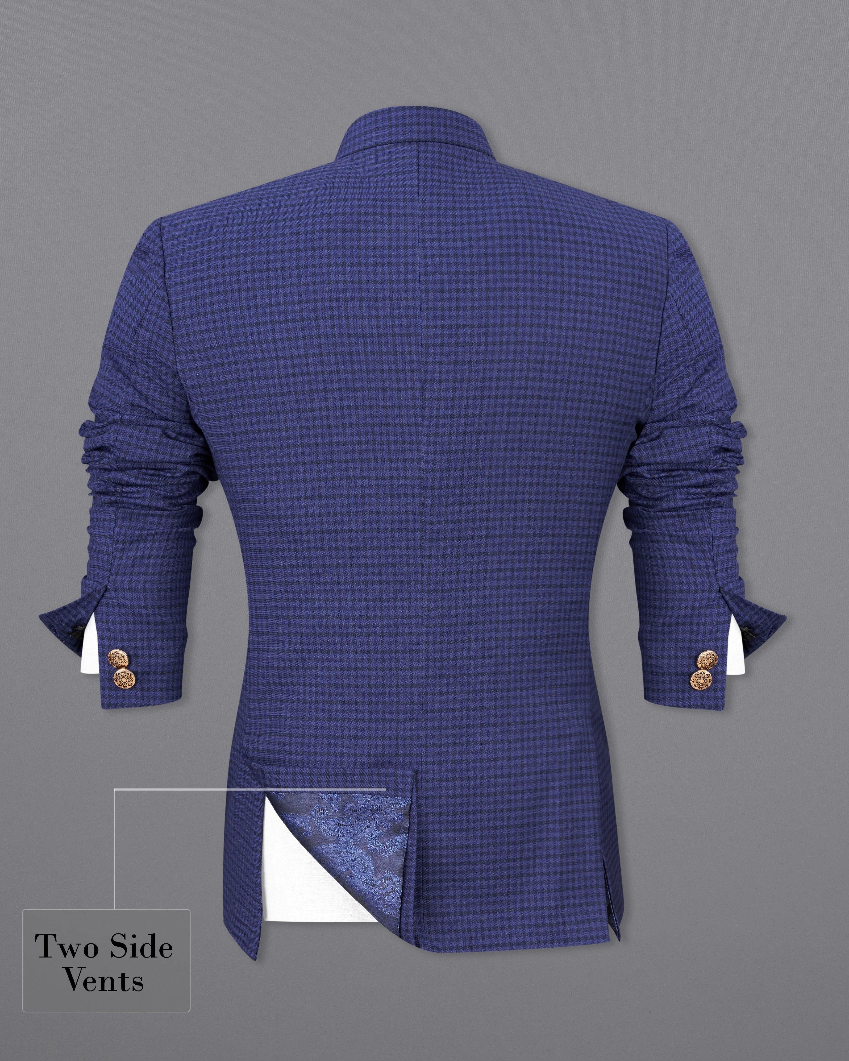 Victoria Blue Gingham Checkered Bandhgala Blazer