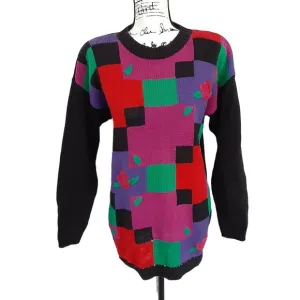 Vintage 1980s Color Block Rosette Art Deco Crewneck Tunic Sweater Shoulder Pads