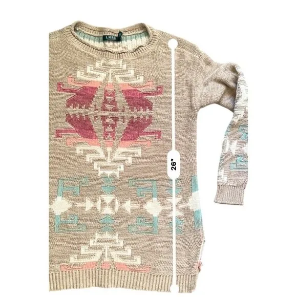 Vintage 90s Ralph Lauren Tan Southwestern Aztec Cotton Knit Tunic Sweater Size S