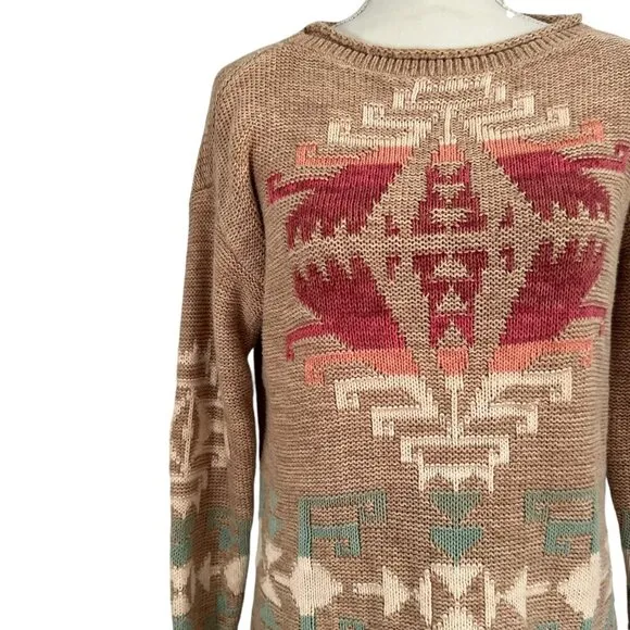 Vintage 90s Ralph Lauren Tan Southwestern Aztec Cotton Knit Tunic Sweater Size S