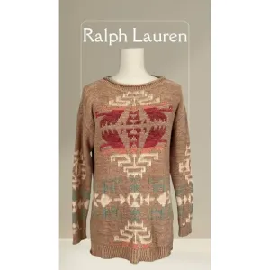 Vintage 90s Ralph Lauren Tan Southwestern Aztec Cotton Knit Tunic Sweater Size S