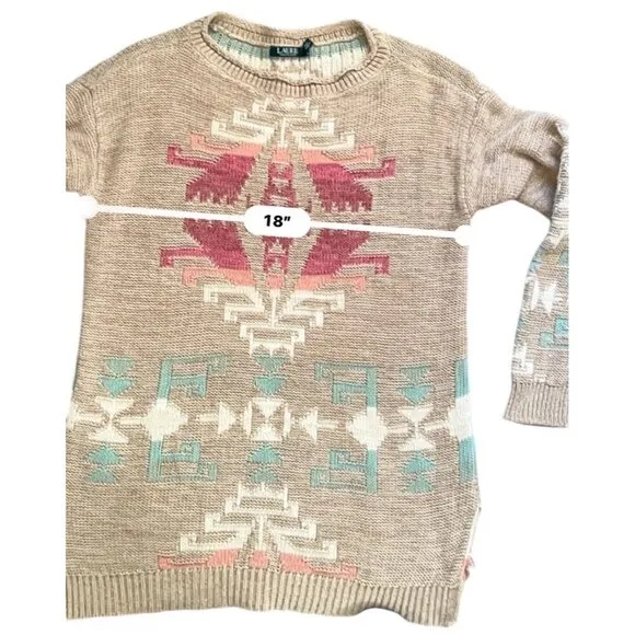 Vintage 90s Ralph Lauren Tan Southwestern Aztec Cotton Knit Tunic Sweater Size S