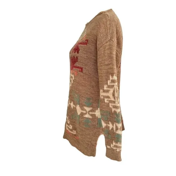 Vintage 90s Ralph Lauren Tan Southwestern Aztec Cotton Knit Tunic Sweater Size S
