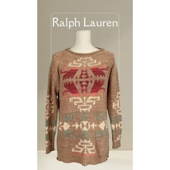 Vintage 90s Ralph Lauren Tan Southwestern Aztec Cotton Knit Tunic Sweater Size S