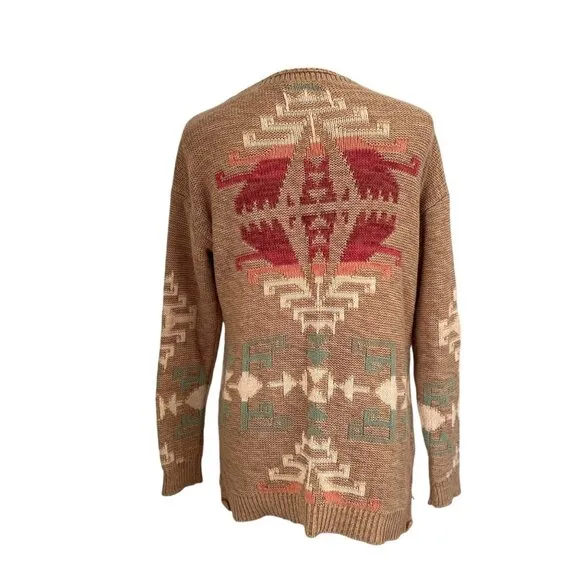 Vintage 90s Ralph Lauren Tan Southwestern Aztec Cotton Knit Tunic Sweater Size S