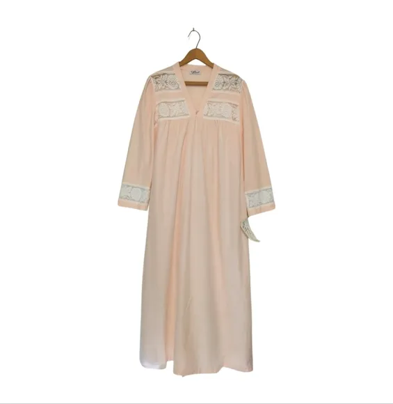 Vintage Nos M GILEAD Soft PINK Brushed Long Nightgown Lace S