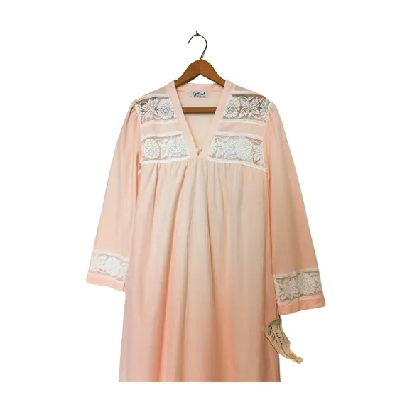 Vintage Nos M GILEAD Soft PINK Brushed Long Nightgown Lace S
