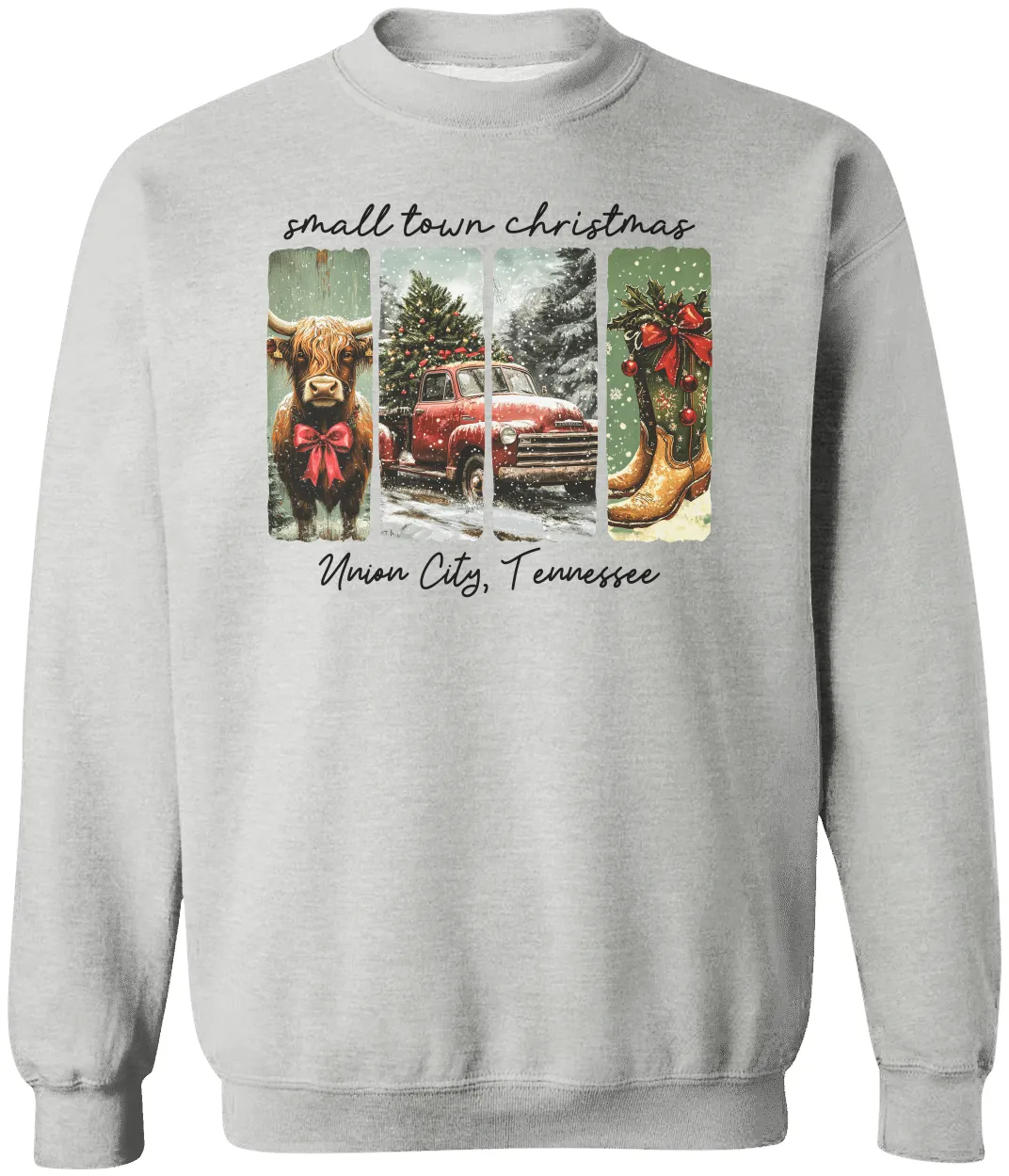 Vintage Small Town Christmas Gildan Sweatshirt – Personalized City & State Holiday Rustic Country Design
