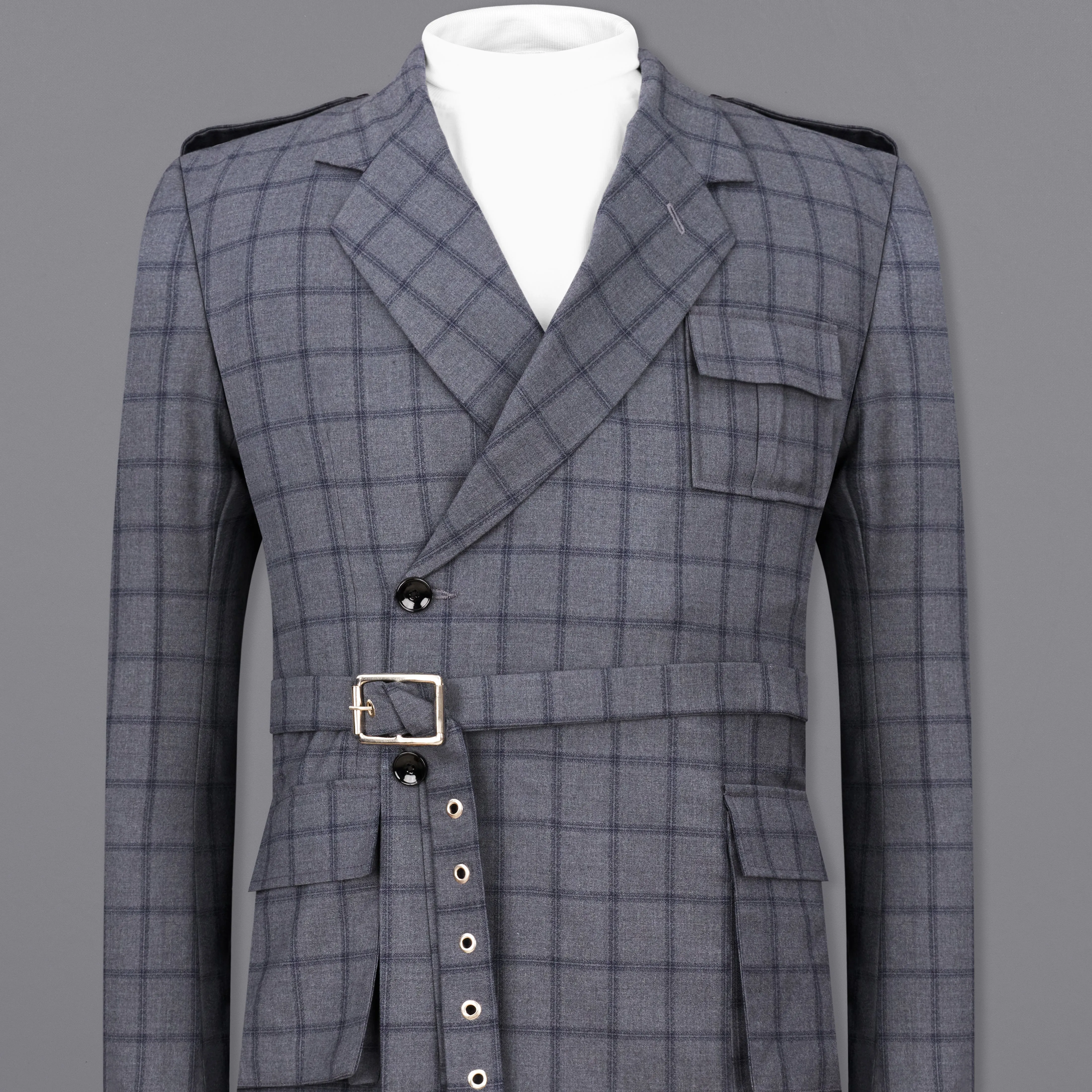 Wenge Gray Windowpane Double Breasted Designer Blazer with Belt Closure