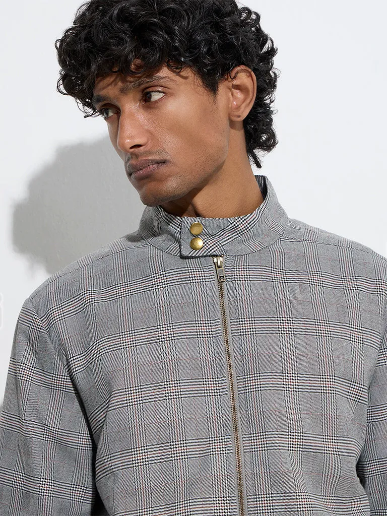 WES Formals Grey Houndstooth Checkered Slim-Fit Jacket