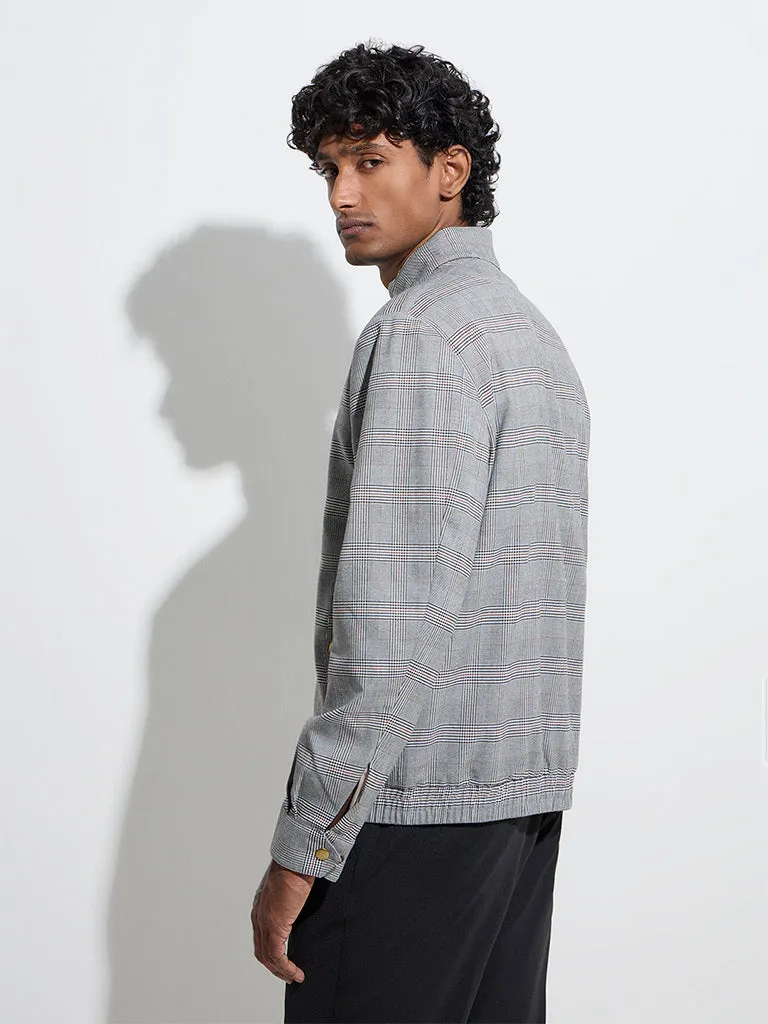 WES Formals Grey Houndstooth Checkered Slim-Fit Jacket