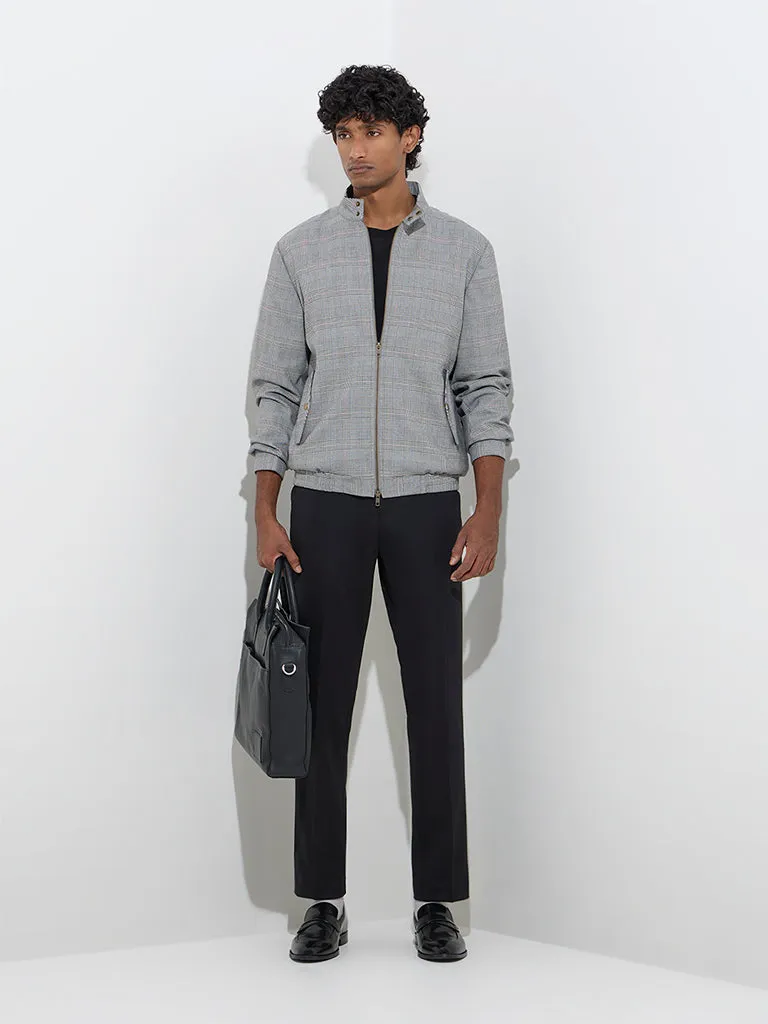 WES Formals Grey Houndstooth Checkered Slim-Fit Jacket