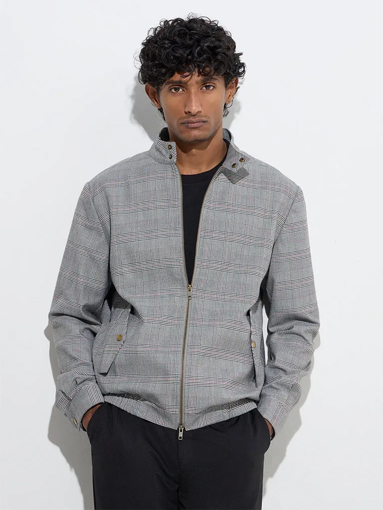 WES Formals Grey Houndstooth Checkered Slim-Fit Jacket