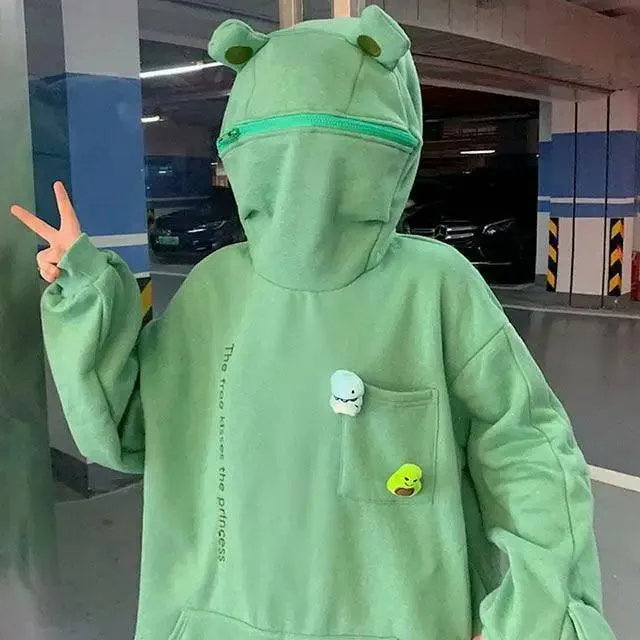 Women Hoodie Frog Pullover Winter Sense Hooded Casual Sweatshirts Autumn Embroidery Loose Hoodies Pullover Casual Creativity Sweatshirt Loose Solid Long Sleeve Tops With Pocket