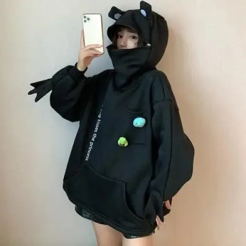 Women Hoodie Frog Pullover Winter Sense Hooded Casual Sweatshirts Autumn Embroidery Loose Hoodies Pullover Casual Creativity Sweatshirt Loose Solid Long Sleeve Tops With Pocket