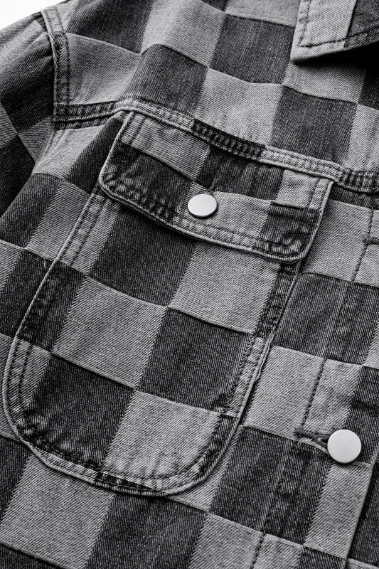 Women's Checkered Patchwork Button Up Denim Jacket