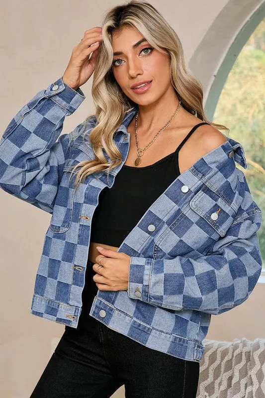 Women's Checkered Patchwork Button Up Denim Jacket