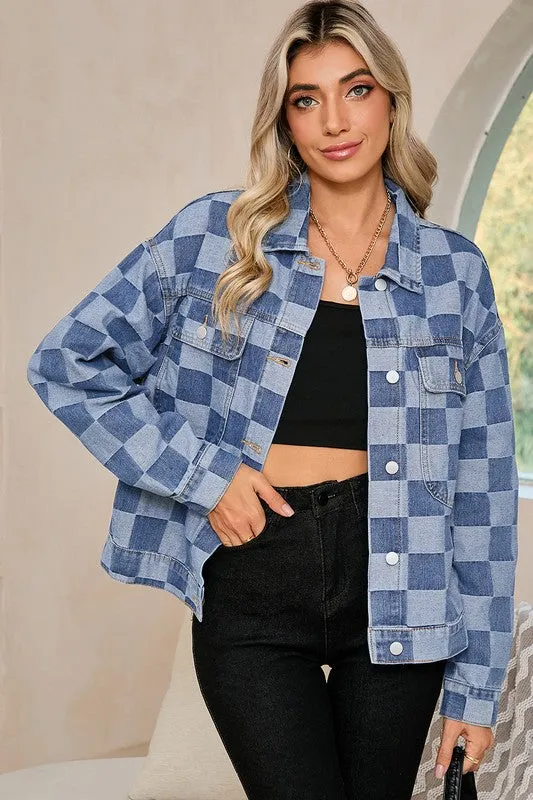 Women's Checkered Patchwork Button Up Denim Jacket