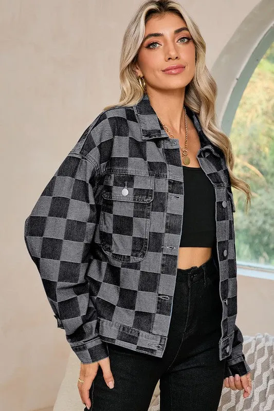 Women's Checkered Patchwork Button Up Denim Jacket