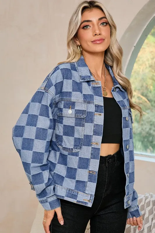 Women's Checkered Patchwork Button Up Denim Jacket