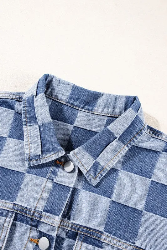 Women's Checkered Patchwork Button Up Denim Jacket