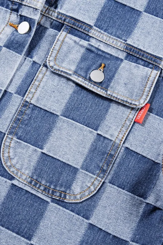 Women's Checkered Patchwork Button Up Denim Jacket