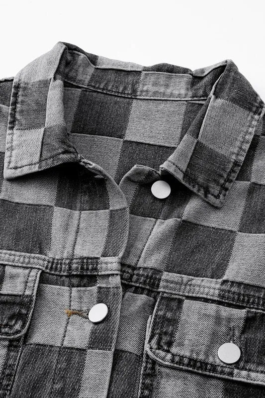 Women's Checkered Patchwork Button Up Denim Jacket