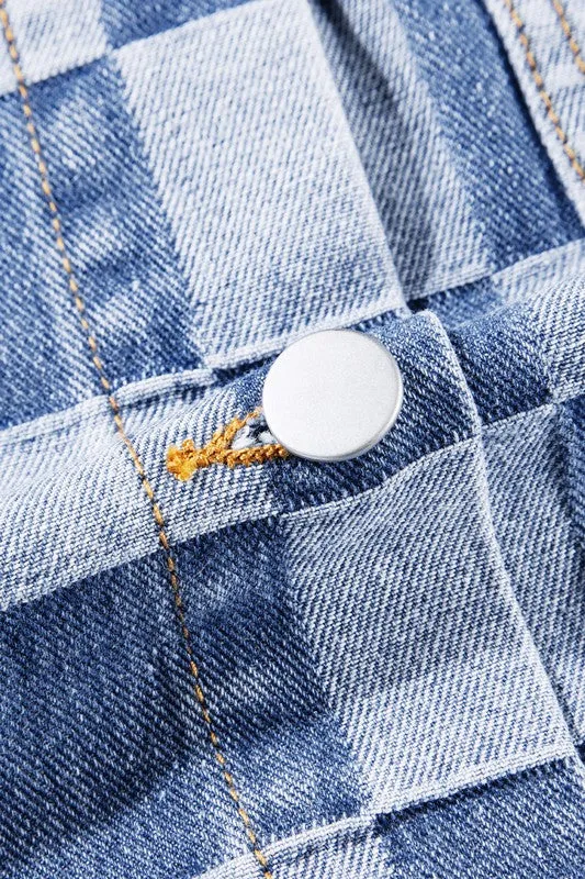 Women's Checkered Patchwork Button Up Denim Jacket