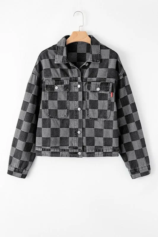 Women's Checkered Patchwork Button Up Denim Jacket