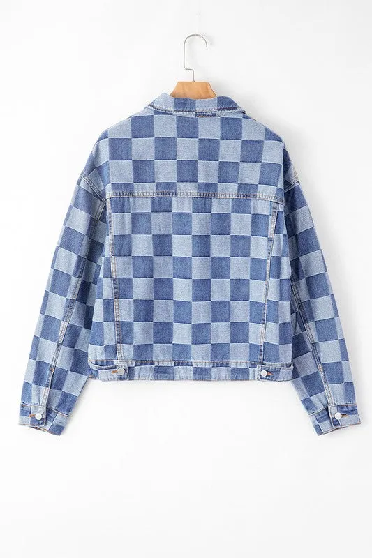 Women's Checkered Patchwork Button Up Denim Jacket