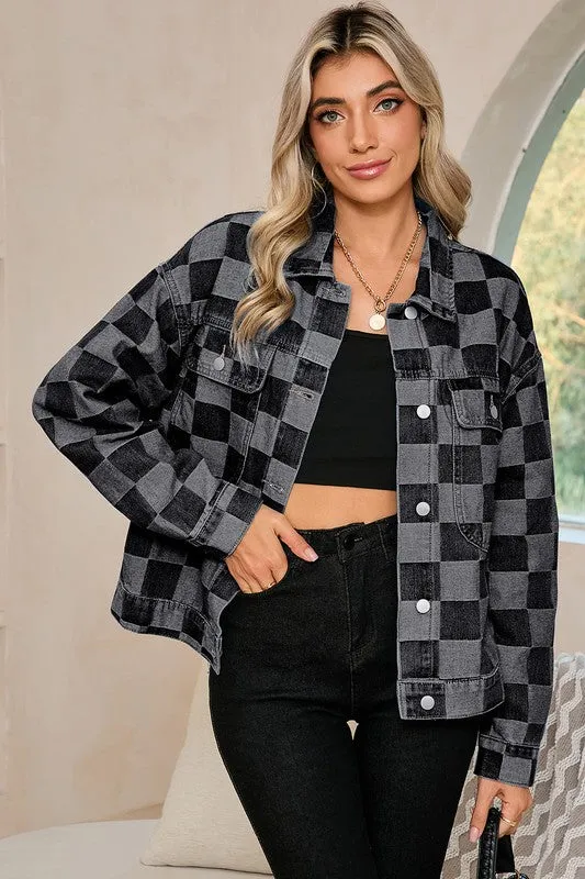 Women's Checkered Patchwork Button Up Denim Jacket