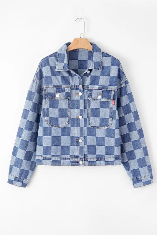 Women's Checkered Patchwork Button Up Denim Jacket