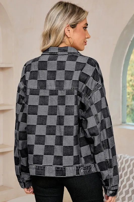 Women's Checkered Patchwork Button Up Denim Jacket