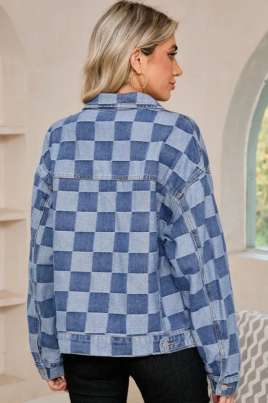Women's Checkered Patchwork Button Up Denim Jacket