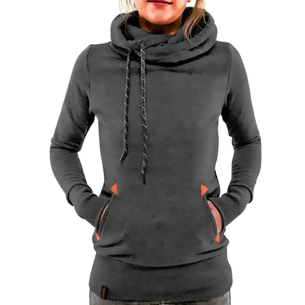 Women's Long Sleeve Heaps Collar Hooded Hoodies Draw Cord Pocket Coat