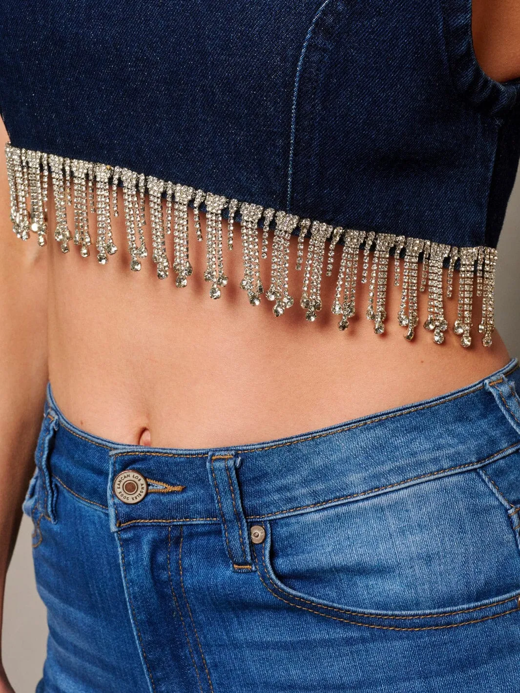 WOMEN'S SLEEVELESS STUDS FRINGE DENIM CROP TOP