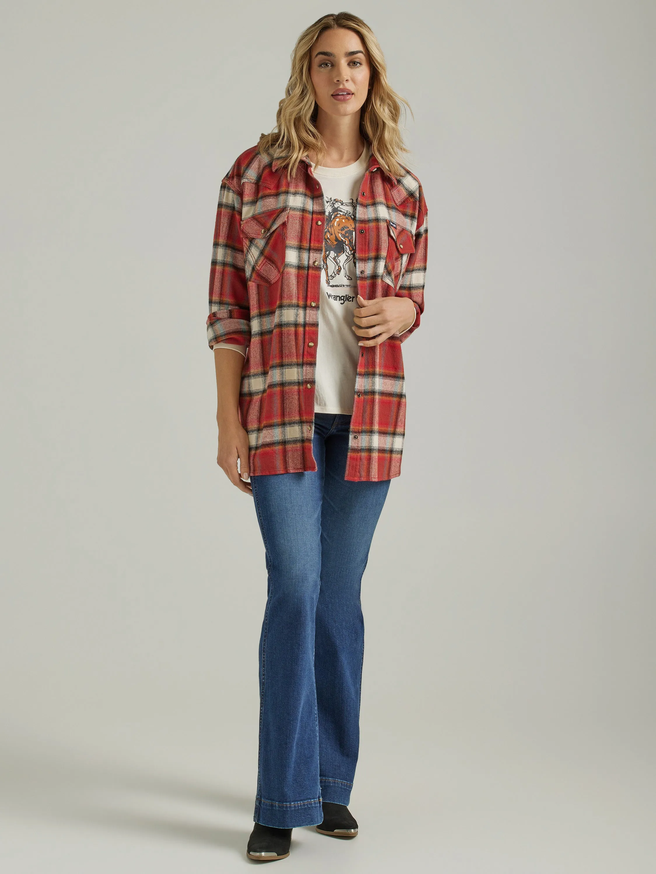 Wrangler Women's Retro Burnt Henna Boyfriend Plaid Flannel Shirt