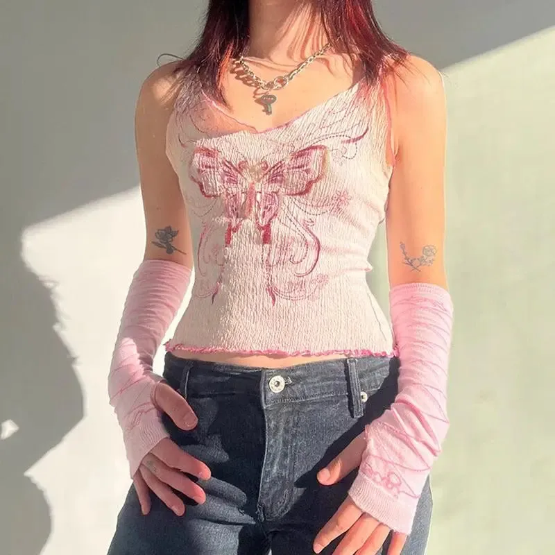 Y2K Aesthetic Pink Butterfly Print Crop Top with Adjustable Shoulder Straps