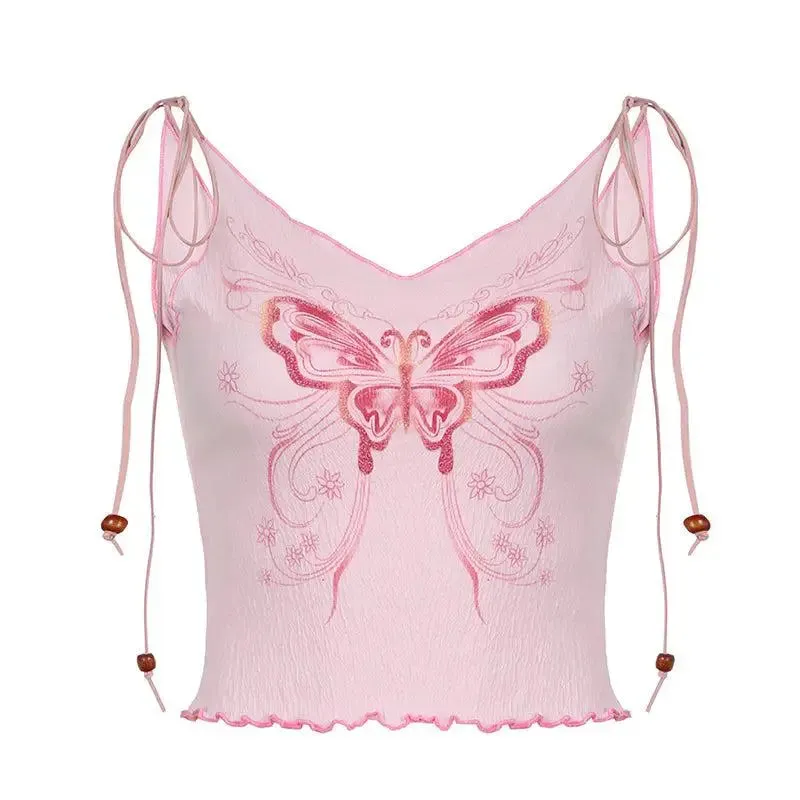 Y2K Aesthetic Pink Butterfly Print Crop Top with Adjustable Shoulder Straps