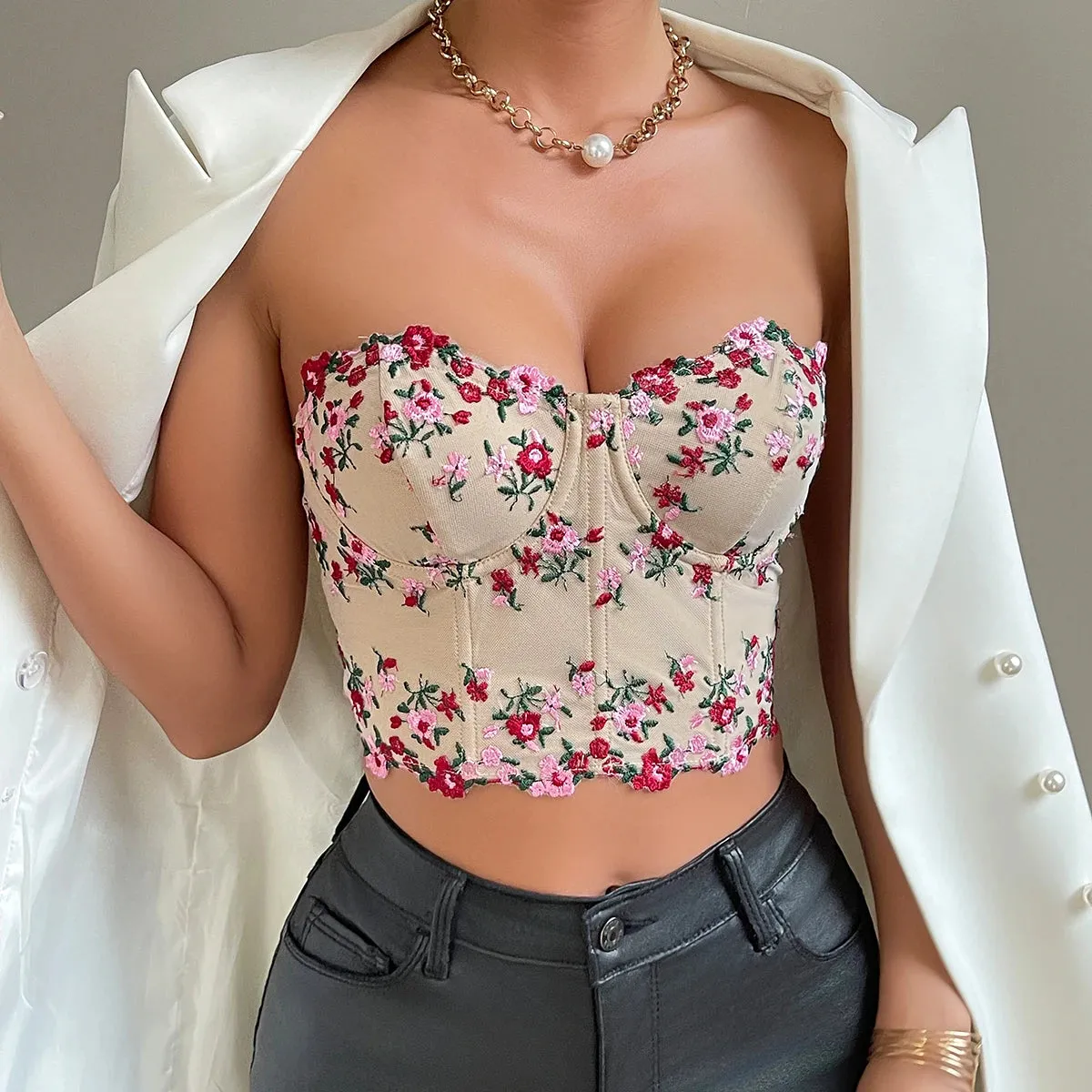 Y2K "Vemina" Sleeveless Embroidery Floral Crop Top