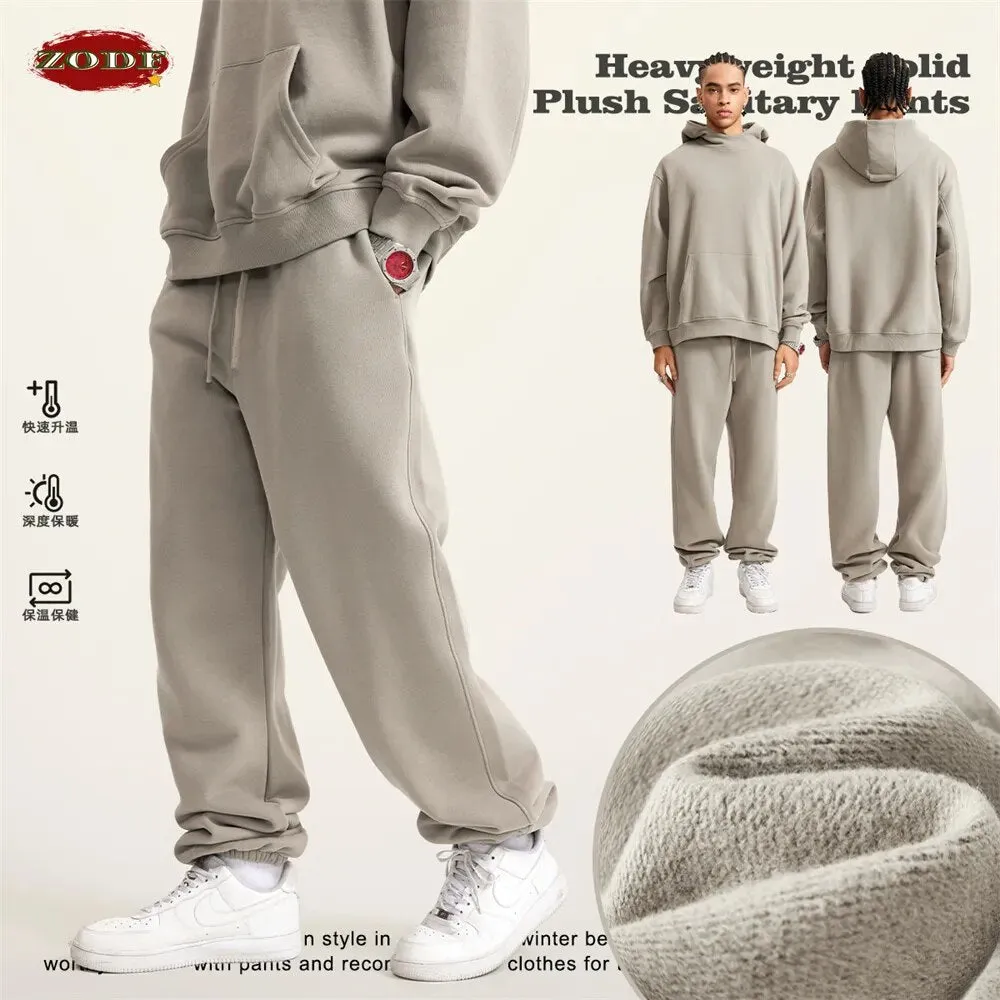 ZODF Retro Loose Solid Warm Fleece Sweatpants